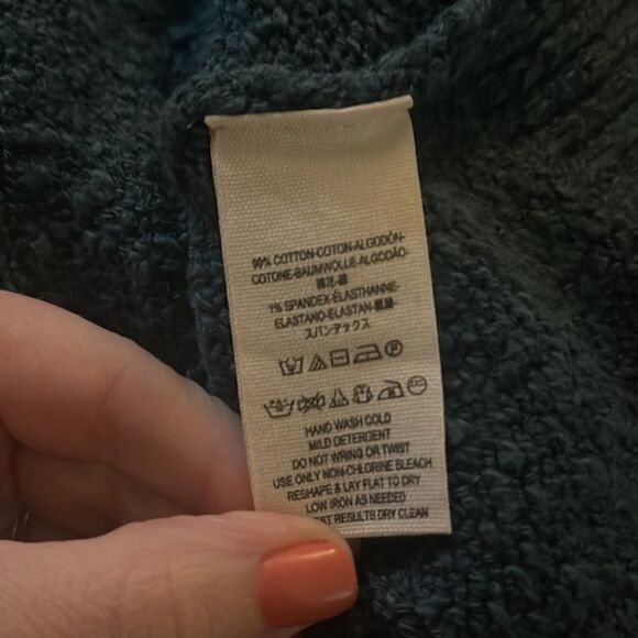 Free People- Cable Foldover Off The Shoulder Sweater in Teal Blue, Size Large - Picture 8 of 9